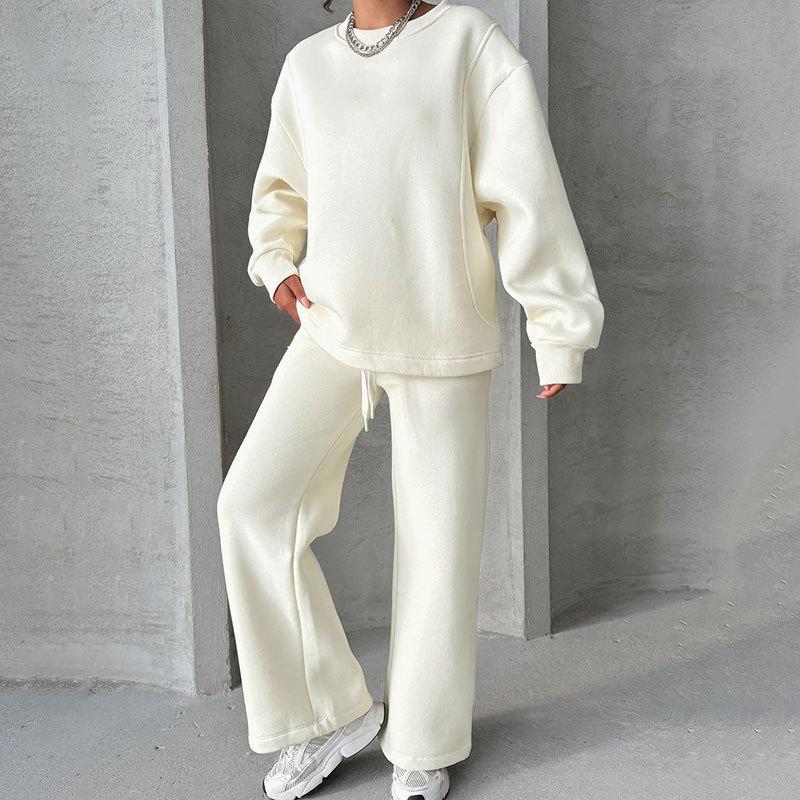 2024 podzim a zima nové jednobarevné kulatý výstřih s dlouhým rukávem volné dámské oblečení módní ležérní sada širokých kalhot