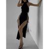 Goth Gothic Dress Cosplay High Split Sexy Bandage Women Dress Halter Slim Midi Dark Black Grunge Partywear