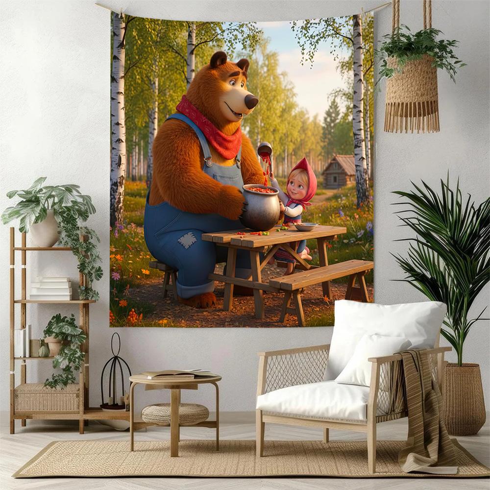 Masha Bear Wall Decor Tapestry Art For Pet Memorial Birthdaywedding Party Backdrop Family Gift