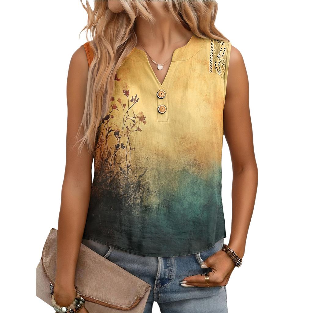 Women's Casual, Loose-Fitting, Printed, Sleeveless Linen Blouse