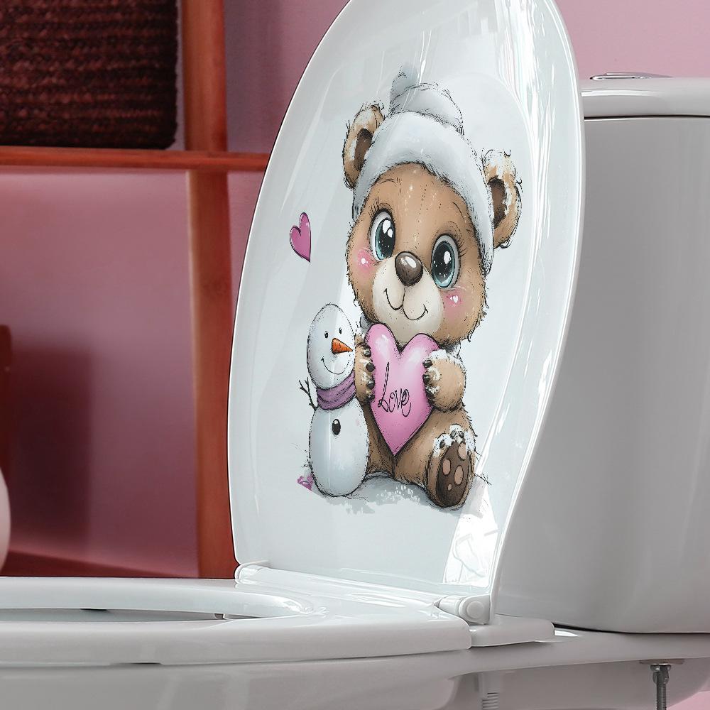 Baby Bear Heart Snowman Toilet Wall Sticker Self-Adhesive Removable Bathroom Cute Home Decor Art