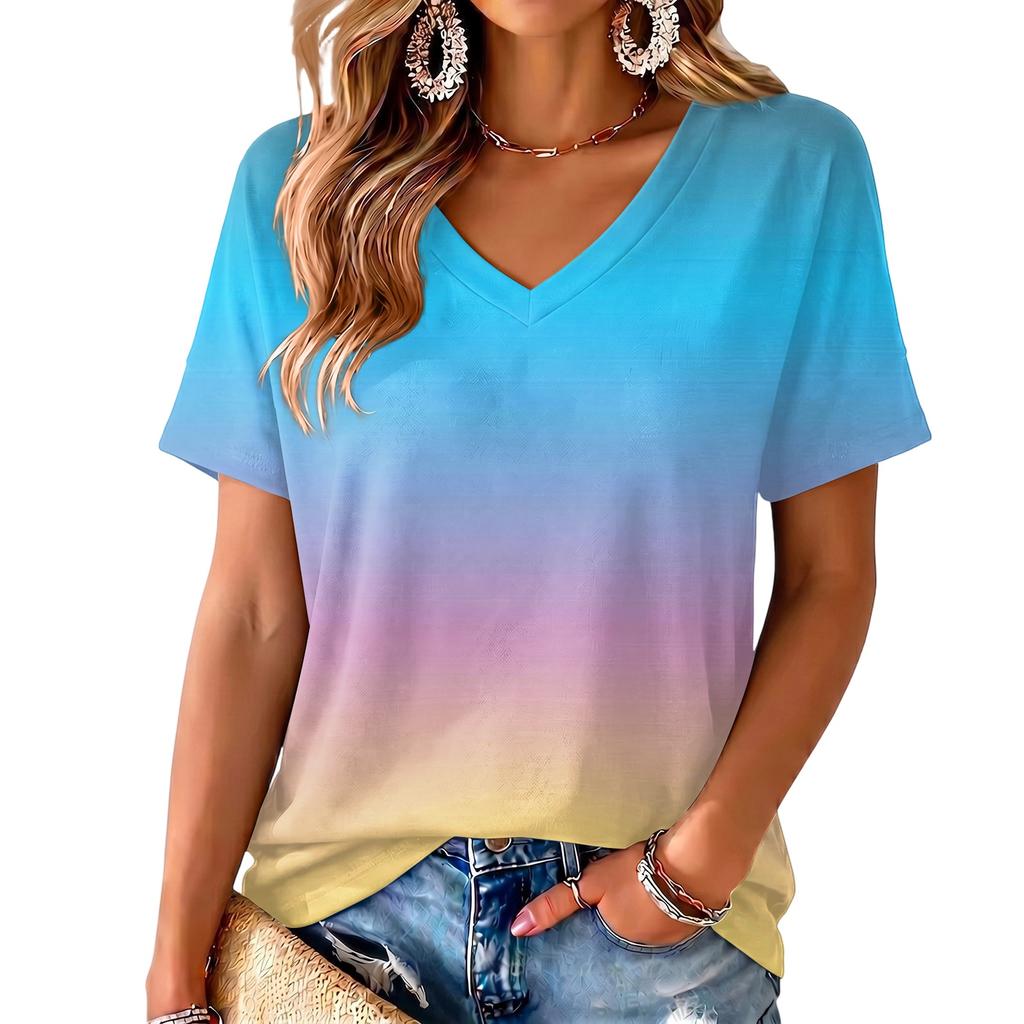 Women's V-Neck Short Sleeve Gradient Print Lightweight Top for Everyday Wear