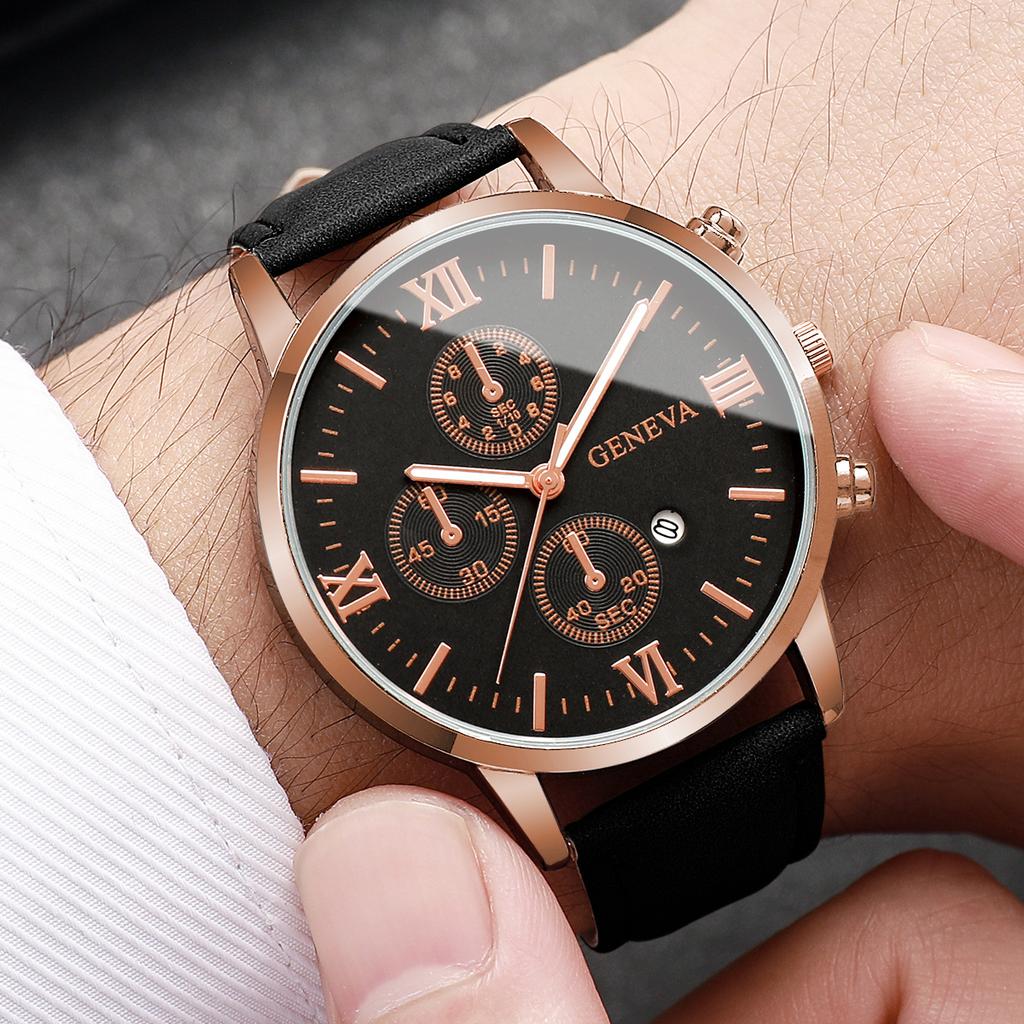 2 Pcs/set Men's Business Watches Fashion Rome Dial Date Watch Leather Bracelet Quartz Wrist Watches Female Watches (Without Box)
