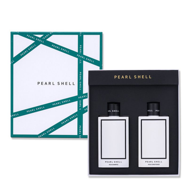 PEARL SHELL Vega Hair Care Set (Shampoo 200ml + Conditioner 200ml) Pearl Shell Transparent Vanity Bag + Shopping Bag