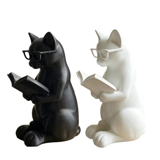 3D Printed Reading Cat Figurine, Cute Reading Book Cat Statue with Glasses, Collectible Animal Sculpture for Bookshelf, Desktop Decor, Gift for Cat
