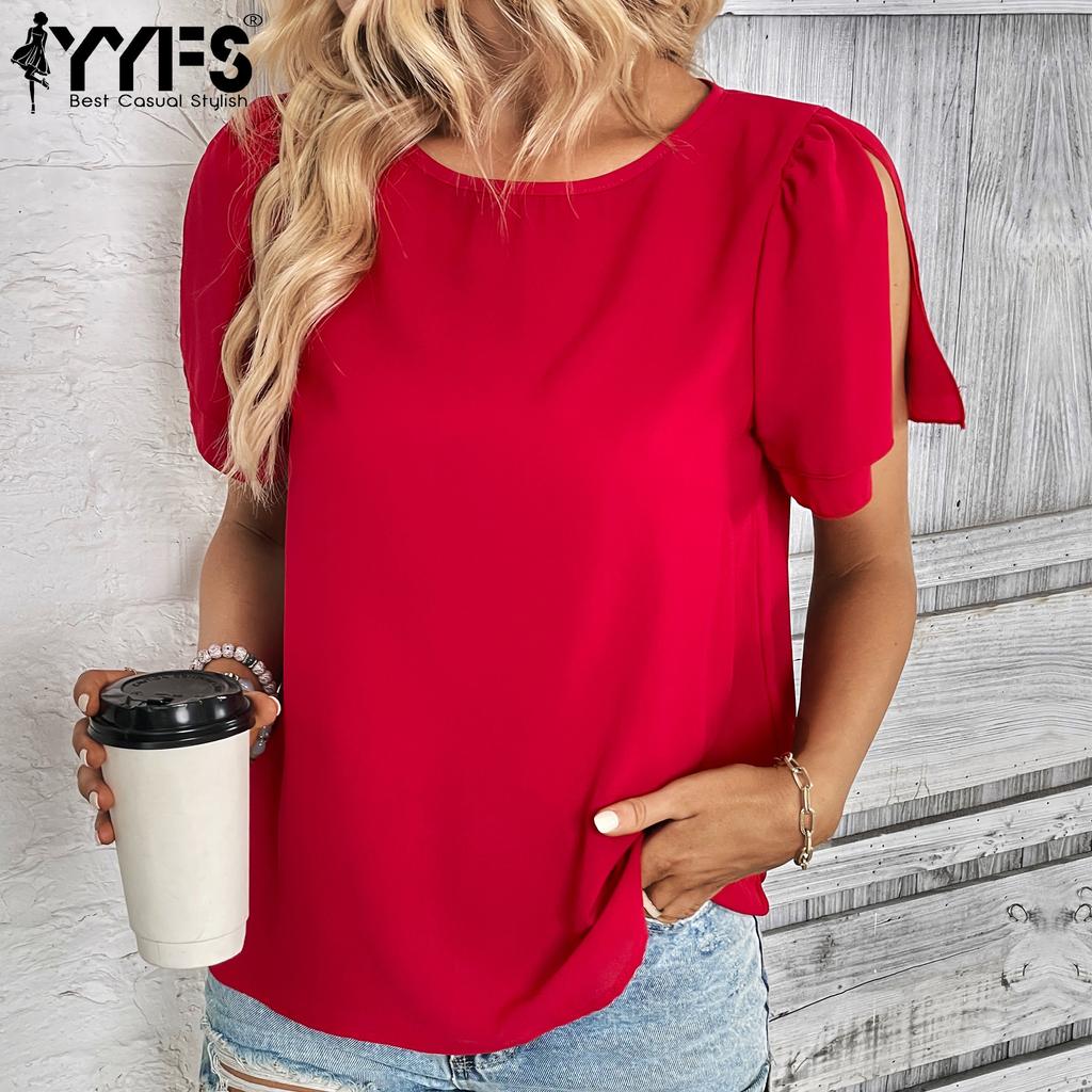 YYFS Damenmode, lässig, Sommer, einfarbig, kurzärmelig, O-Ausschnitt, Blusen und Hemden