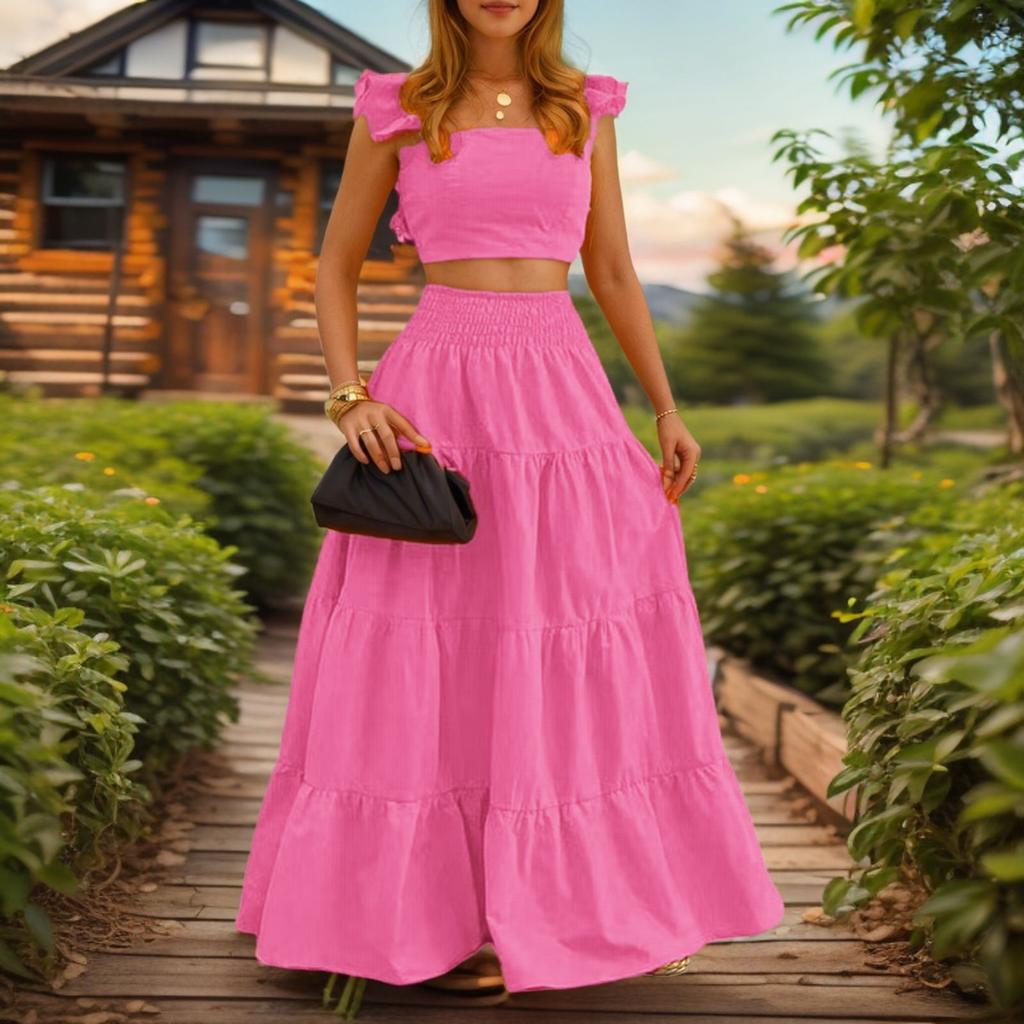 Women's 2 Piece Outfit Set Sexy Solid Color Ruffle Sleeve Crop Top High Waist Tiered Flowy Maxi Skirt Elegant Vacation Beach Wear Suit