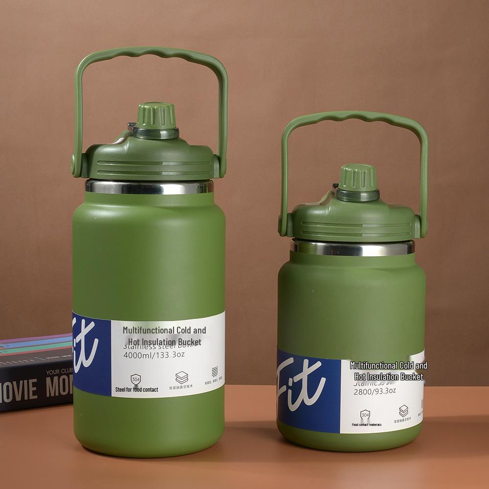 4L Stainless Steel Ice Bucket with Handle - Large Capacity Thermos Flask Cooler and Straw Water Bottle Combo