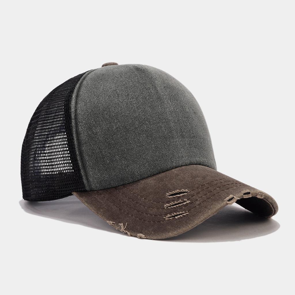 New Unisex Color Block Broken Style Baseball Hats Distress Breathable Mesh Sunshade Retro Trucker Caps Versatile Simple Fashion