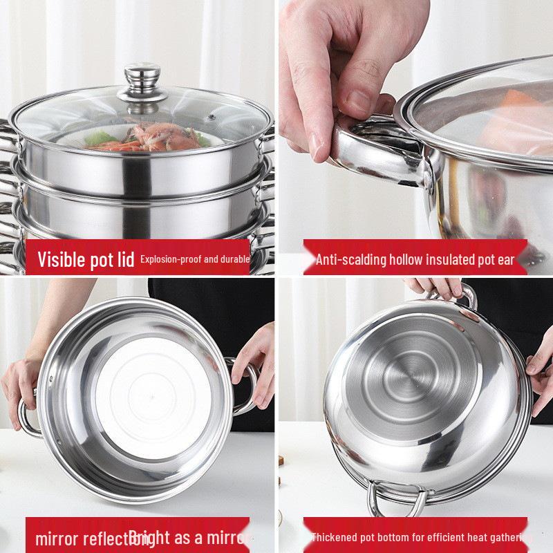 Stainless Steel Multi-Layer Steamer Pot for Buns, Soup, and Hot Pot - Compatible with Induction and Gas Stoves