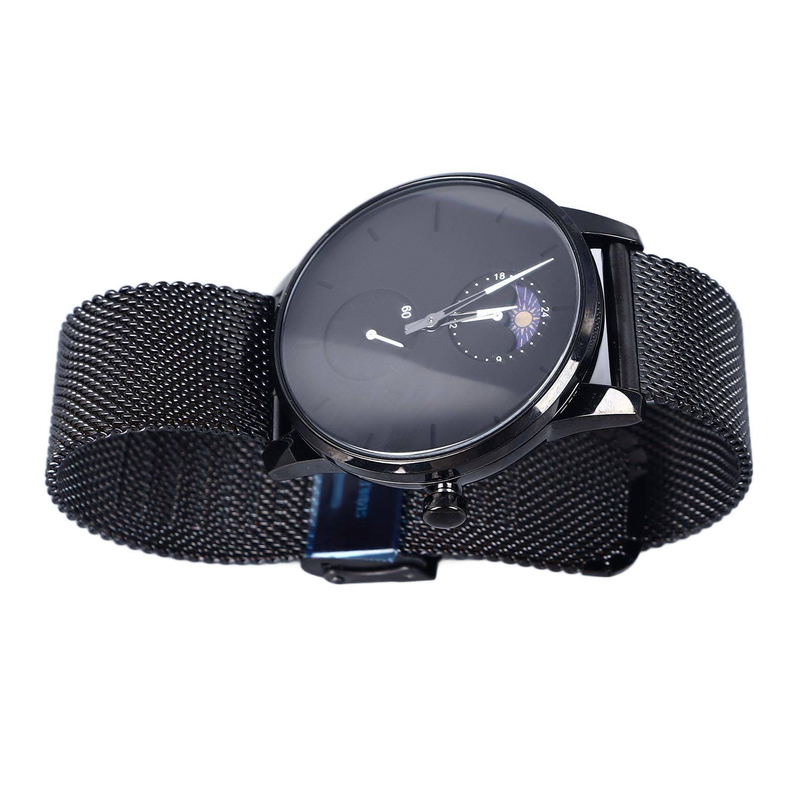 

Мужские кварцевые часы с фазой Луны, сетчатый ремешок из нержавеющей стали, тонкие кварцевые водонепроницаемые минималистичные часы черного цвета