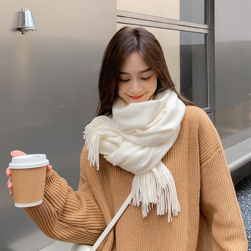 Women's and Men's Thick Warm Cashmere-Like Scarf - Autumn Winter Korean Style with Tassels, Solid Color