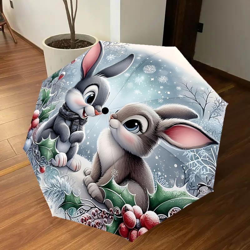 1PC Winter Rabbits Automatic Open/Close Umbrella with Windproof, 8-Rib Sturdy Canopy, Durable Ribs, Fashionable Design, Outdoor Accessory, Fun Prin, H
