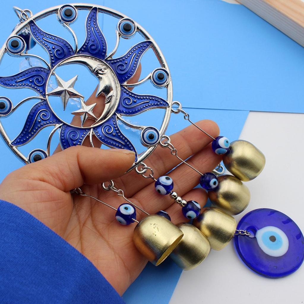 Decorazione Luna e Stella con Occhio Malocchio e Campanello Pendenti Sole Fortunato, - Segno di Protezione, Benedizione e Forza - Decorazioni per Auto per Specchietto Retrovisore