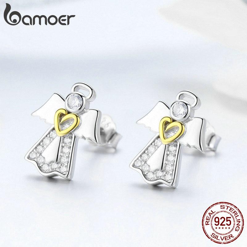 BAMOER Hot Sale Genuine 925 Sterling Silver Guardian Angel Exquisite Stud Earrings for Women Fashion