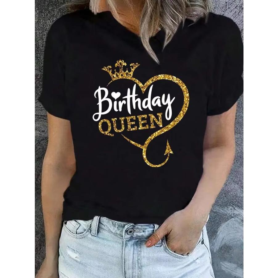 Cotton Tee Birthday Gift for Girls Birthday Queen Graphic Print Tshirt Women's Clothing Harajuku Summer Short Sleeves Crew Neck T-Shirt