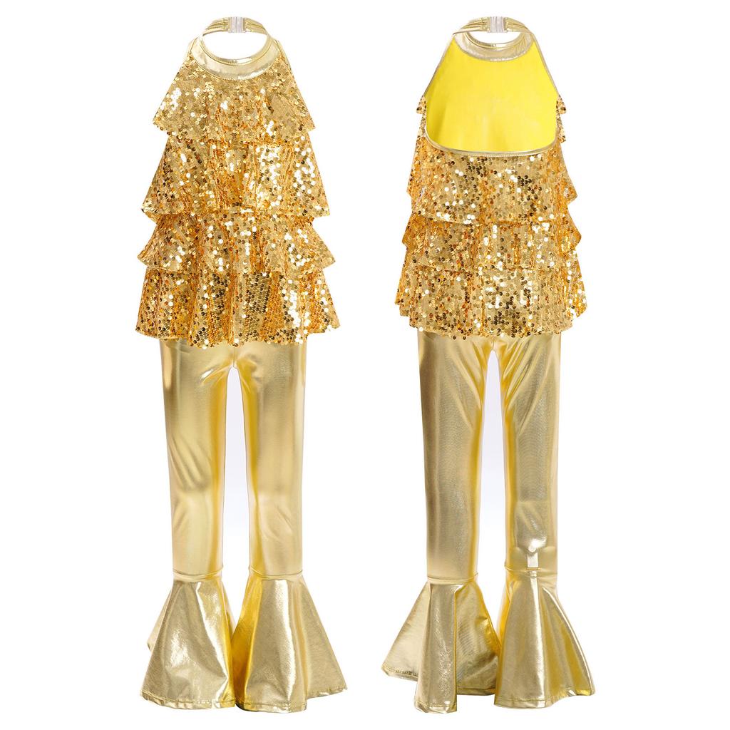 Κοστούμι Τζαζ Χορού για Κορίτσια Λαιμόκοψη Χάλτερ Αμάνικο Λεοτάρ με Ψηλόμεσο Παντελόνι Καμπάνα με Βολάν Μεταλλικό Λαμπερές Παγιέτες