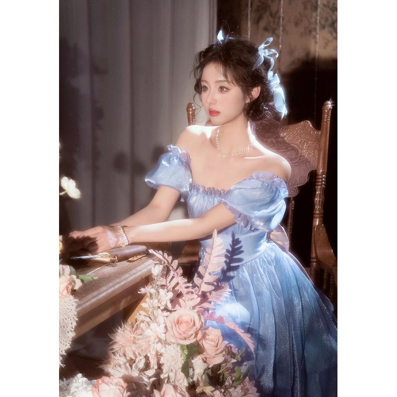 Lekka suknia ślubna 2025 nowa sukienka w stylu retro z Hongkongu niebieska wysokiej klasy sukienka studencka dla dorosłych sukienka księżniczki