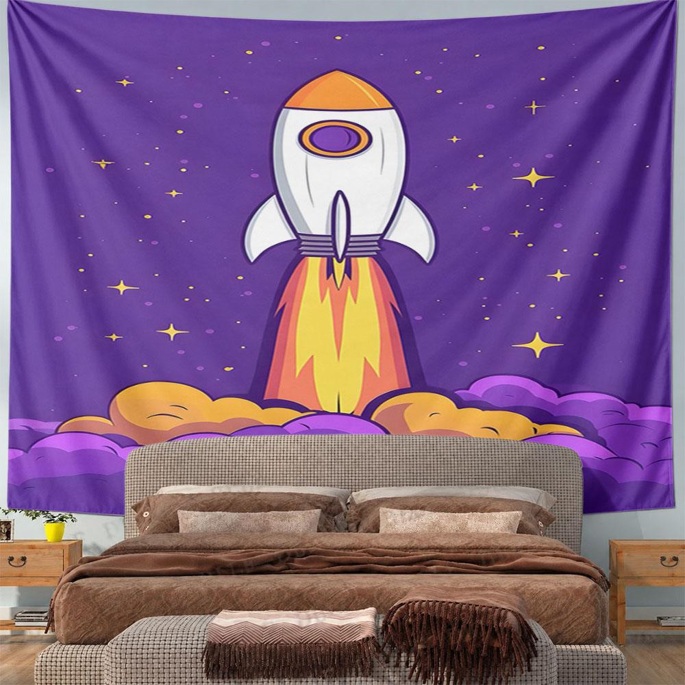 Rocket Launch Amidst Purple Sky Pattern Wall Hanging Tapestry Decorative Tapestry Home Decor for Bedroom and Living Room