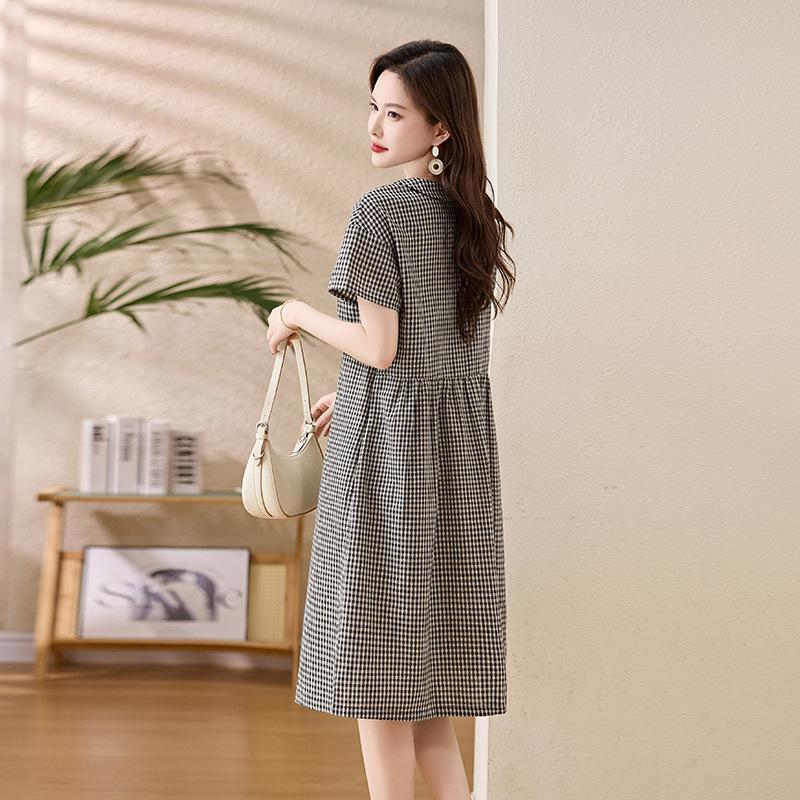 Black and white plaid cotton dress women's summer new loose and thin doll collar casual shirt skirt