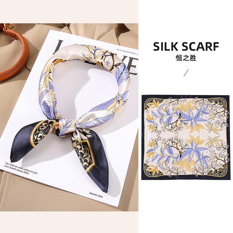 

53CM Square 100% Silk Scarf Flower Design Printed Small Head Neck Hijab Women Kerchief High Quality Silk Bandana Scarves 53x53cm