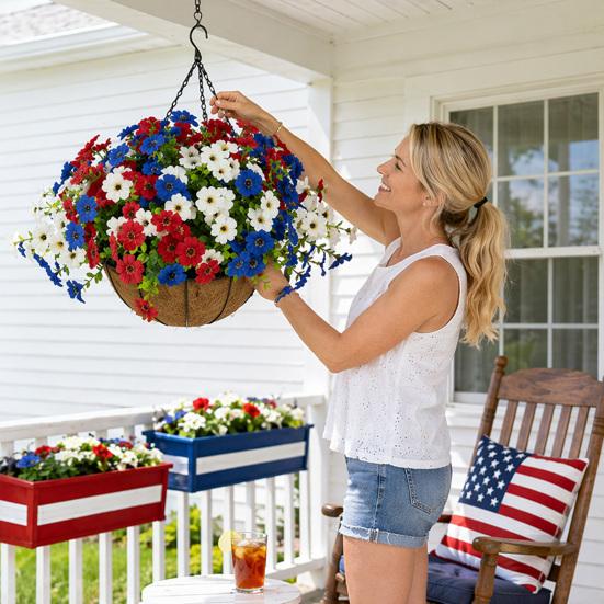 Artificial Outdoor Flower with Hanging Baskets, Red White Blue Fake Flower Planter, Patriotic Decor for 4th of July, Porch Garden