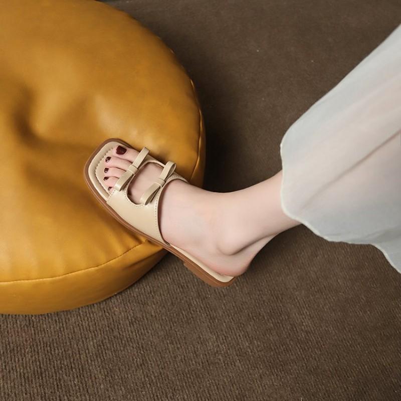 Womens Flat Slide Sandals With Bow Detail Square Toe PU Upper Rubber Sole Casual Shoes