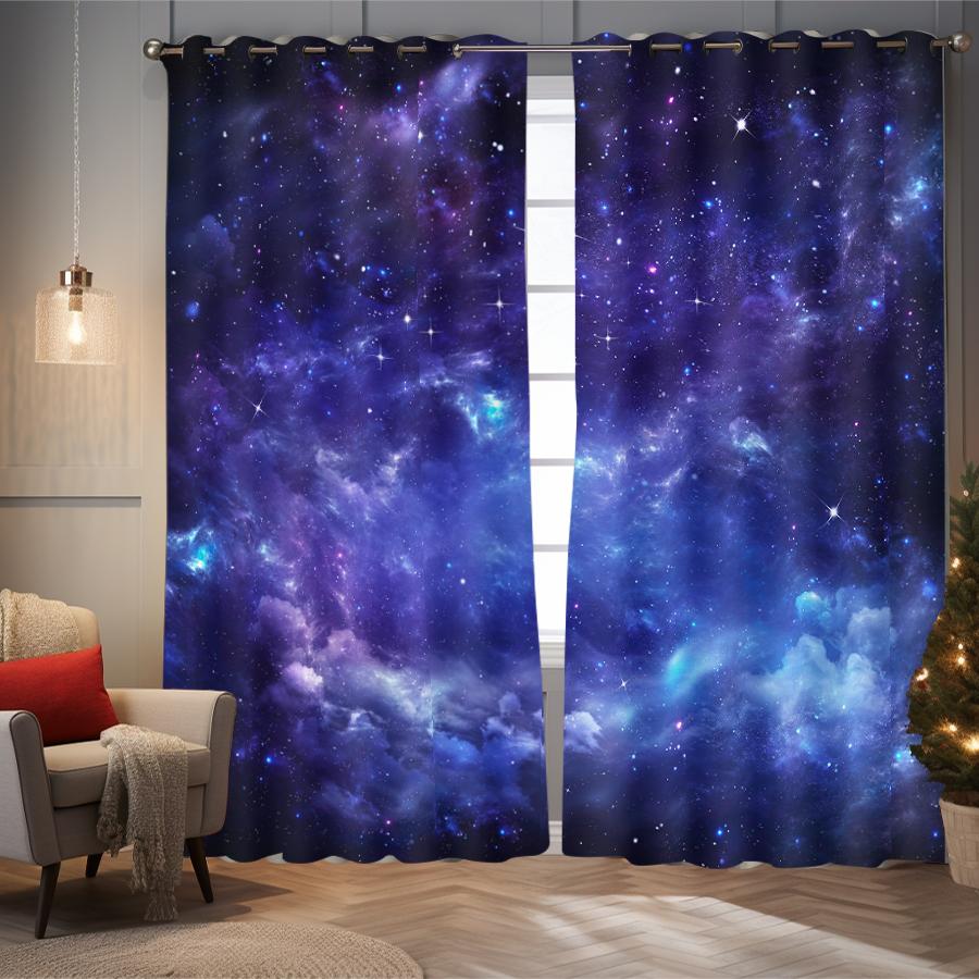 2PC High Blackout Perforated Polyester Curtain, Double-sided Matte, Left and Right Double Opening, Blue Purple Nebula Galaxy