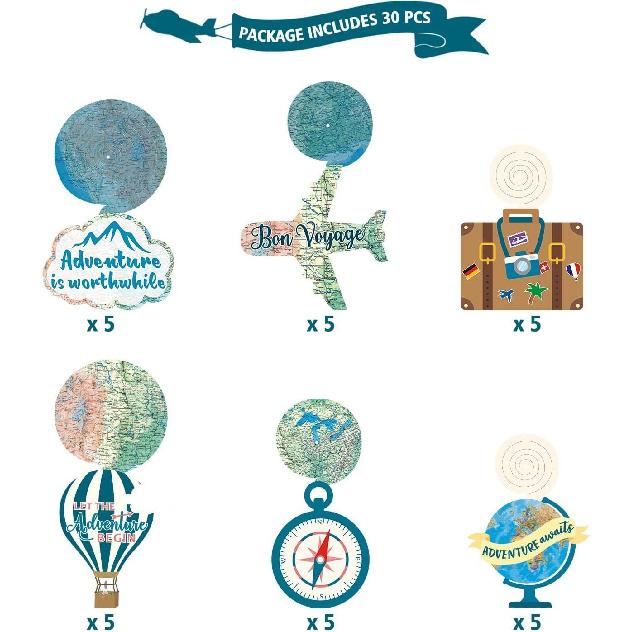 30CT Travel Themed Hanging Swirl Decorations Adventure Awaits Bon Voyage Farewell Retirement Themed Party Around The World Wedding Shower Party