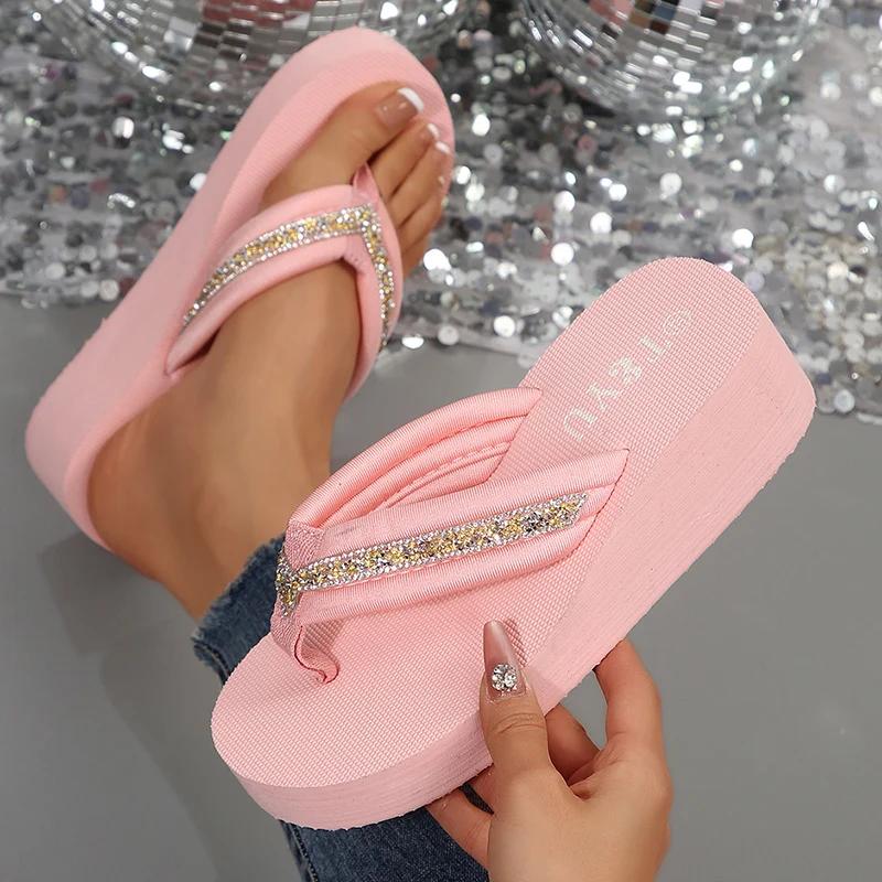 

Fashion Fashion Crystal Wedge Flip Flops for Women 2025 Summer Thick Sole Non Slip Beach Slippers Woman Pink Clip Toe Platform Sandals 42 розовый