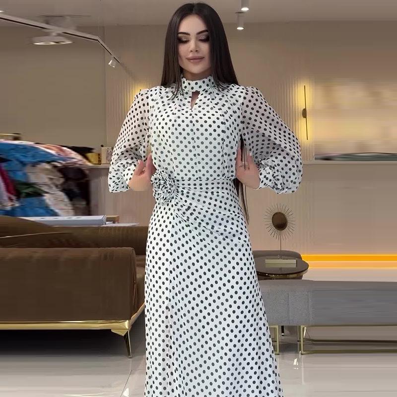 2024 Autumn Women's Polka Dot Print Elegant Round Neck Dress