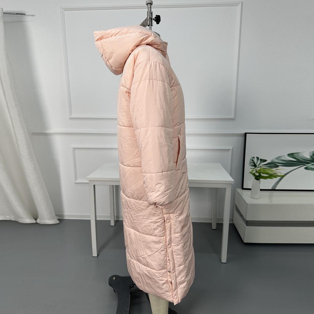 Women's Solid Color Hooded Long -style Temperament Cotton Coat Fashion Zipper Long -sleeved Pocket Jacket