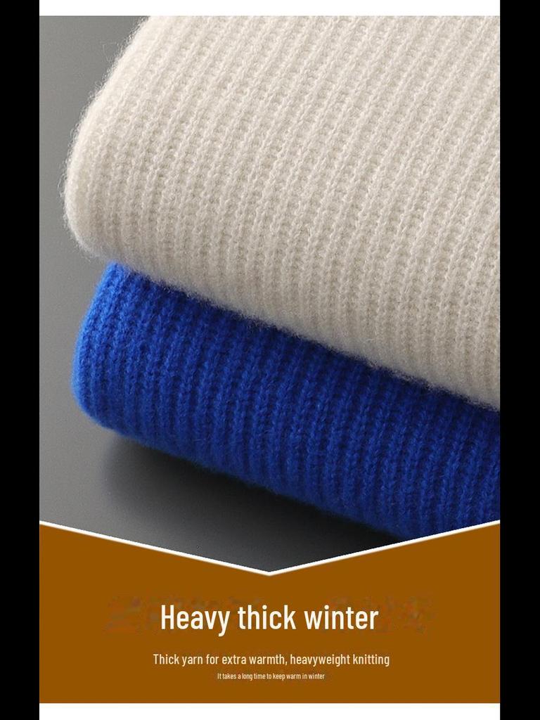 Men's 100% Wool Round Neck Sweater - Thickened, Fashionable, Casual Loose Fit for Teens, Solid Color Knitted Design.