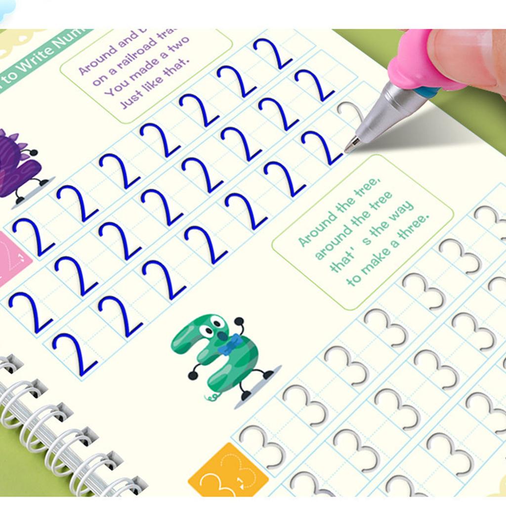 Reusable Handwriting Practice Book Copybook for Kids Reusable Writing Practice Notebook with Fading Ink Pen Grip Helper Spiral Binding for 3-8 Years O
