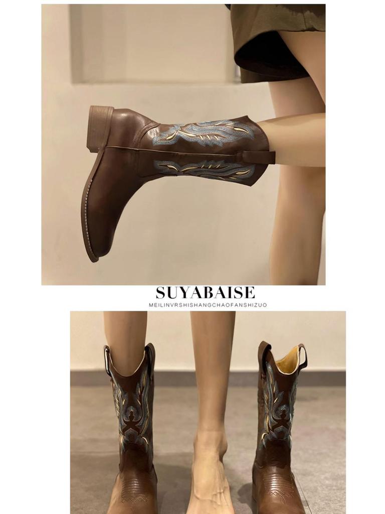 He Sui Style Versatile Western Cowboy Boots: Summer Chunky Heel, Embroidered, Pull-On Mid-Calf with Square Toe, Riding Boots In Plus Size.