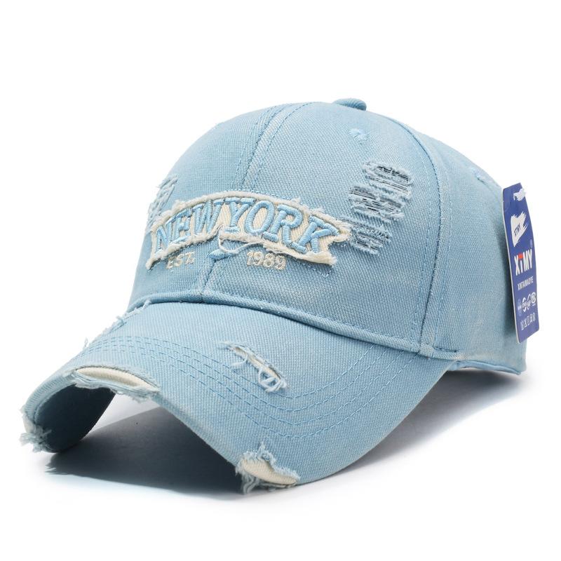 Letter New York Broken Hole Baseball Cap Washed Cotton Adjustable Embroidery Baseball Cap Sunscreen Hats For Man Women Fashion