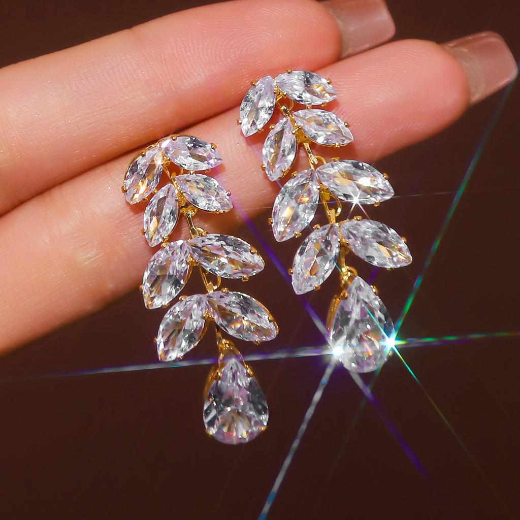 2PC Women's Fashion Bronze Zircon Exquisite Leaf Water Drop Tassel Earrings Zircon Suitable for Date, Party, Festival Gifts