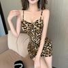 Sexy deep V low chest pure desire temperament leopard print tight suspender waist hip base short dress