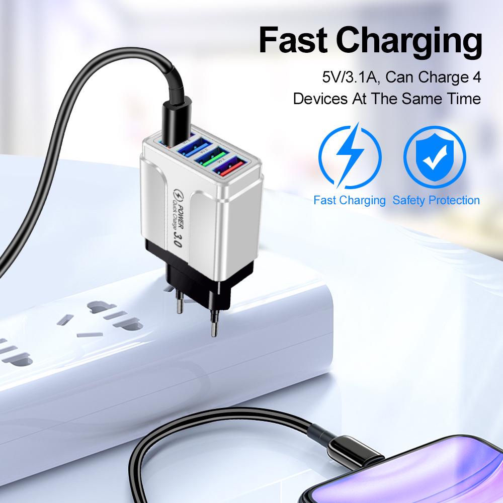Colorful 4-USB 3A Travel Charger for Mobile Phones, Tablets - EU, US, UK Adapters
