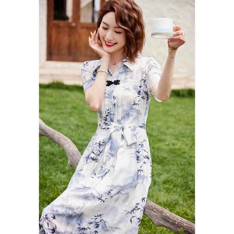 New Chinese Style Printed Tie-Waist Lapel Shirt Dress
