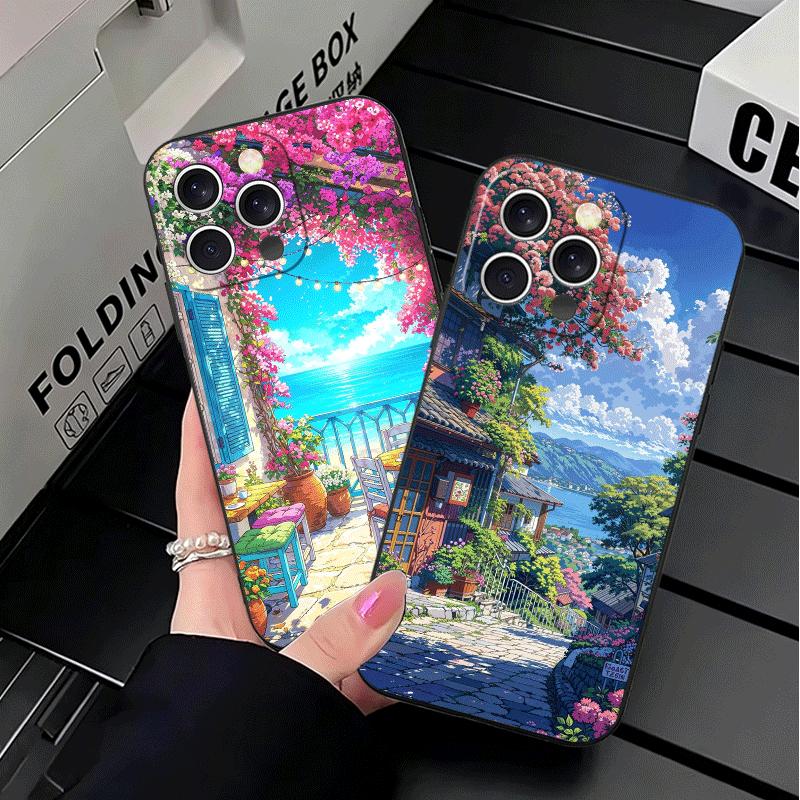 Anime Aesthetic Scenery Soft Phone Case for iPhone 16 16E 17 Air 15 Pro Max 14 Plus 13 Mini 11 12 7 Black Cover Back Shell