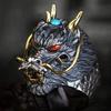 Retro Domineering Dragon Mens Rings Trendy Retro High-End Turquoise Southern Red Tourmaline Ring Adjustable Jewelry