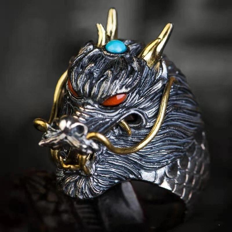 Retro Domineering Dragon Mens Rings Trendy Retro High-End Turquoise Southern Red Tourmaline Ring Adjustable Jewelry