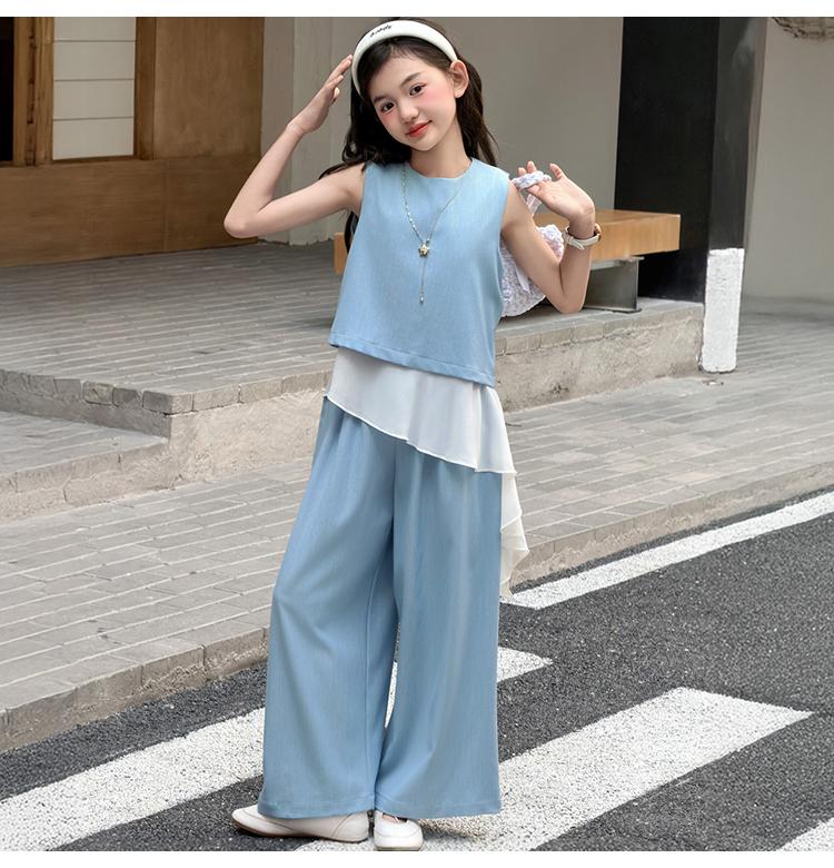 Girls' Set 2026 Summer New Children's Casual Sleeveless Patchwork Top Korean Wide Leg Pants Two-Piece Set Summer
