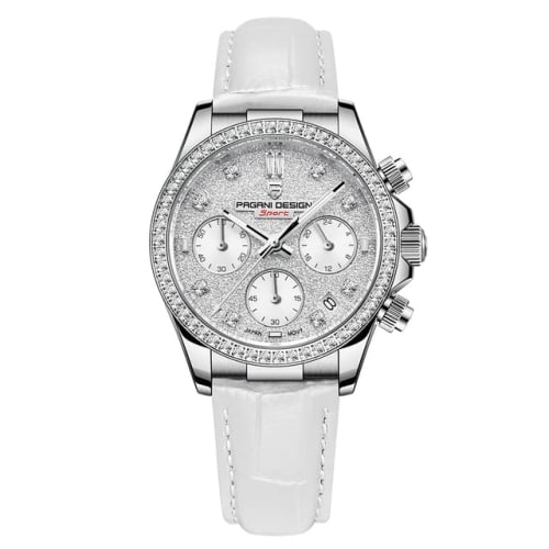 

Pagani Design Women s Watch, Japanese-made Seiko Quartz Movement, Daytona Chronograph, Water Resistant, Diamond Bezel, Leather Strap, Sapphire Crystal