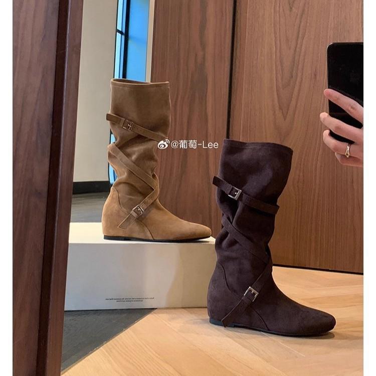 Cowhide version, height increased by 0cm~ Korean round head buckle with soft folds and thin medium boots Women's high-heeled boots