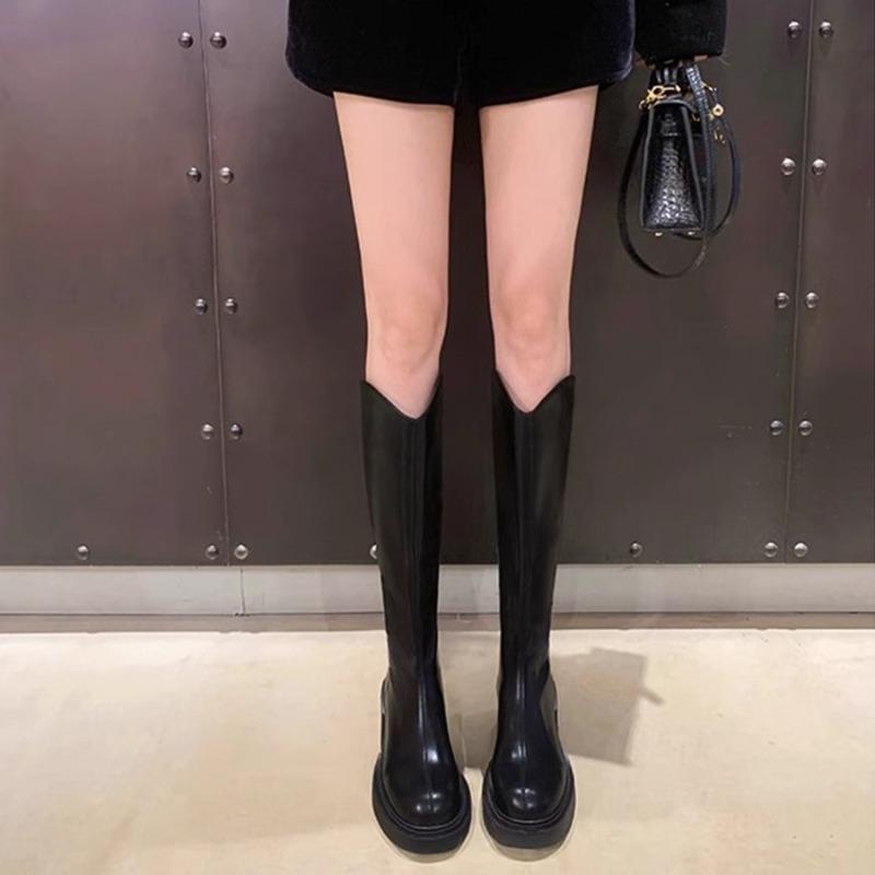 Black V-mouth Women's Long Boots Round Head 7CM Square Heel Heightening Knee-High Boots Fashion Sewing Rear Zipper Women Shoes