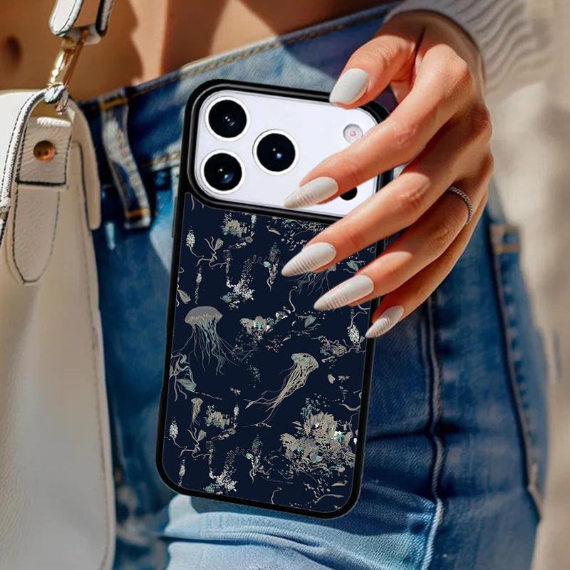 Jellyfish Print Navy Phone Case For iPhone 17 Air 14 15 13 12 Max Cover For Apple 14 15 16 16e 11 Pro Max Plus