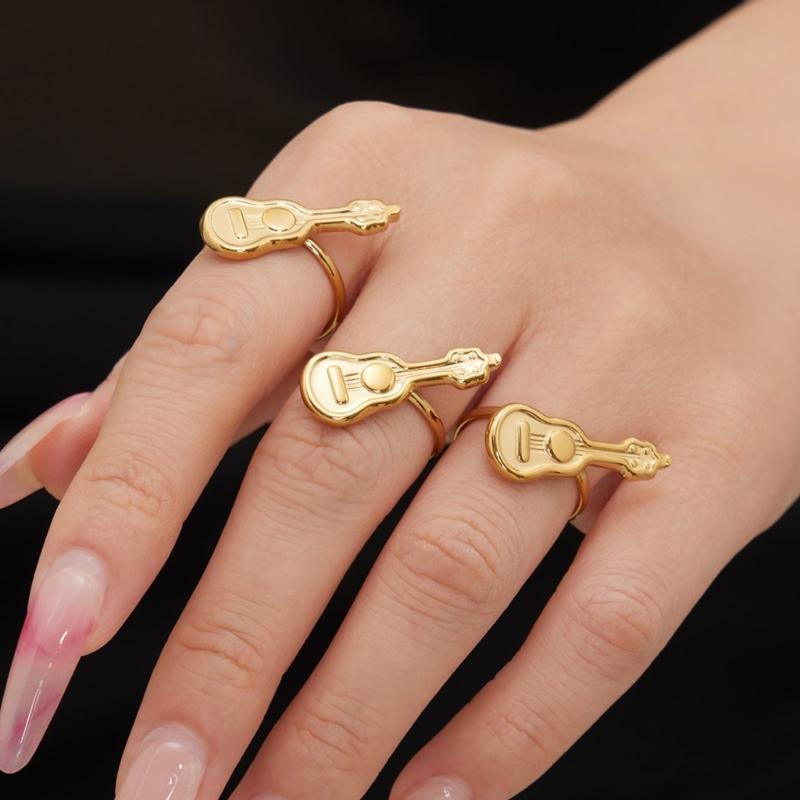 Stainless Steel Adjustable Wedding Rings Dating Rings Guitar Shape Delicate Finger Jewelry for Woman and Man Present