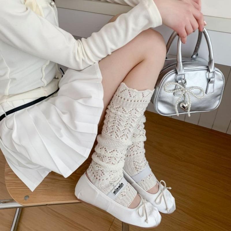 Thin, Hollowed-out Fishing Net Calf Socks for Slimming, Long Knitted Sock Sets, Mid-calf Socks, Sweet and Versatile White Socks